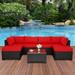 7 Pieces Outdoor PE Wicker Furniture Set Patio Rattan Sectional Conversation Sofa Set with Navy Blue Cushions and Glass Top Table