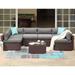 COSIEST 7-Piece Outdoor Patio Furniture Chocolate Brown Wicker Executive Sectional Sofa w Dark Grey Thick Cushions Glass-Top Coffee Table 2 Turquoise Pillows Incl. Rain Cover Clips