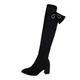 LOSVIP Ladies Fashion Suede Rhinestone Bow Side Zipper Pointed Toe Chunky High Heel Over Knee Boots Suede over The Knee Boots for Women (Black, 5)