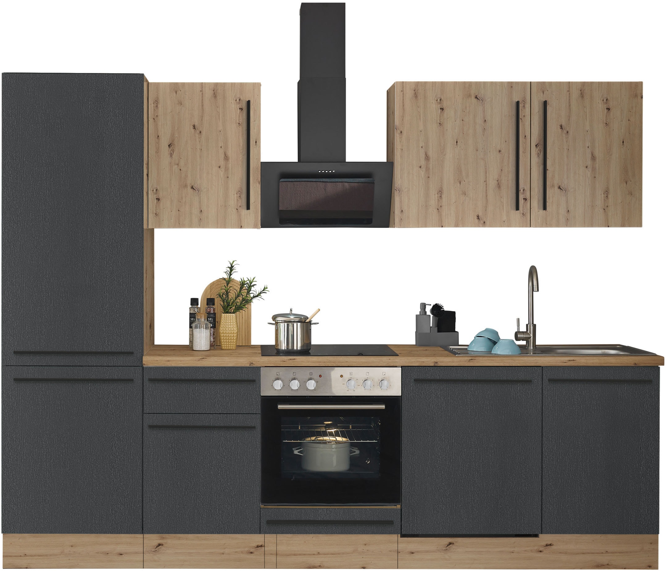 Küchenzeile KOCHSTATION "KS-Florida mit 38mm starker Arbeitsplatte", schwarz (küche: schwarz, front: schwarz, korpus: artisan eichefarben, arbeitsplatte: artisan eichefarben), B:280cm T:60cm, Komplettküchen-Sets, Breite 280 cm, wahlweise mit... Image