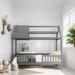 Twin Size House Shaped Platform Bed with Fence, Solid Wood Kids Bed Frame with Chimney Styling for Bedroom, White+Grey
