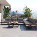 6-Piece Black Metal Outdoor Patio Sectional Sofa Set with Wooden Round Nesting Coffee Tables with Cushions