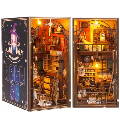 DIY Buch Ecke Kit 3D Holz Puzzle Bücherregal Einsatz Dekor mit LED-Licht DIY Mini Puppenhaus Modell