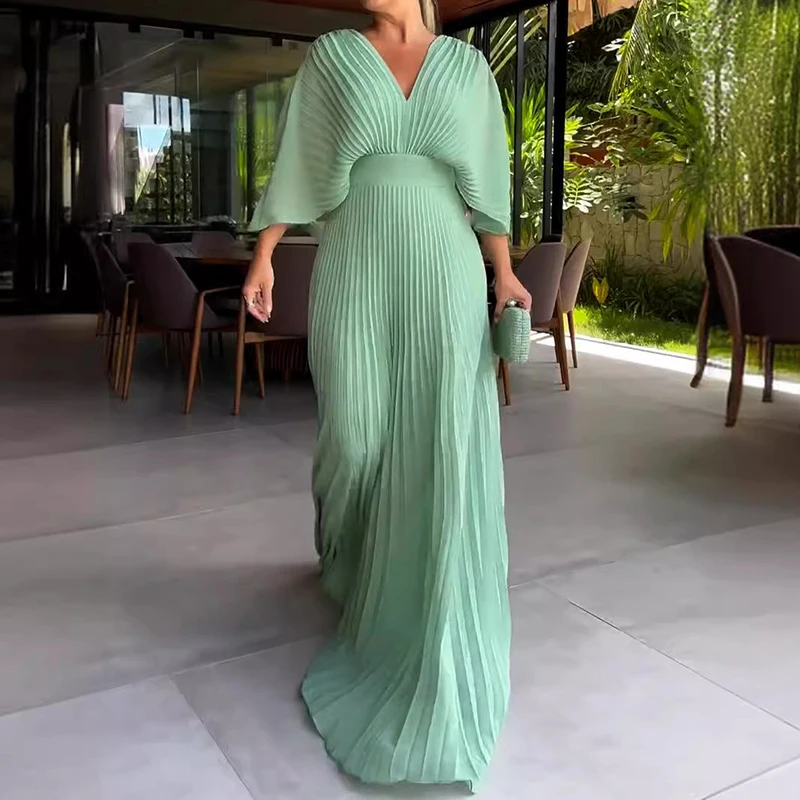 Elegante V-ausschnitt Taille Abendkleid Frauen Casual 3/4 Ärmel Solide Plissee Maxi Kleid Frühling Herbst Mode Pullover Party Kleider