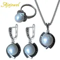Ajojewel Black CZ Cyclone Style Jewelry Woman Simulated Pearl Earrings Necklace Ring Set Wholesale