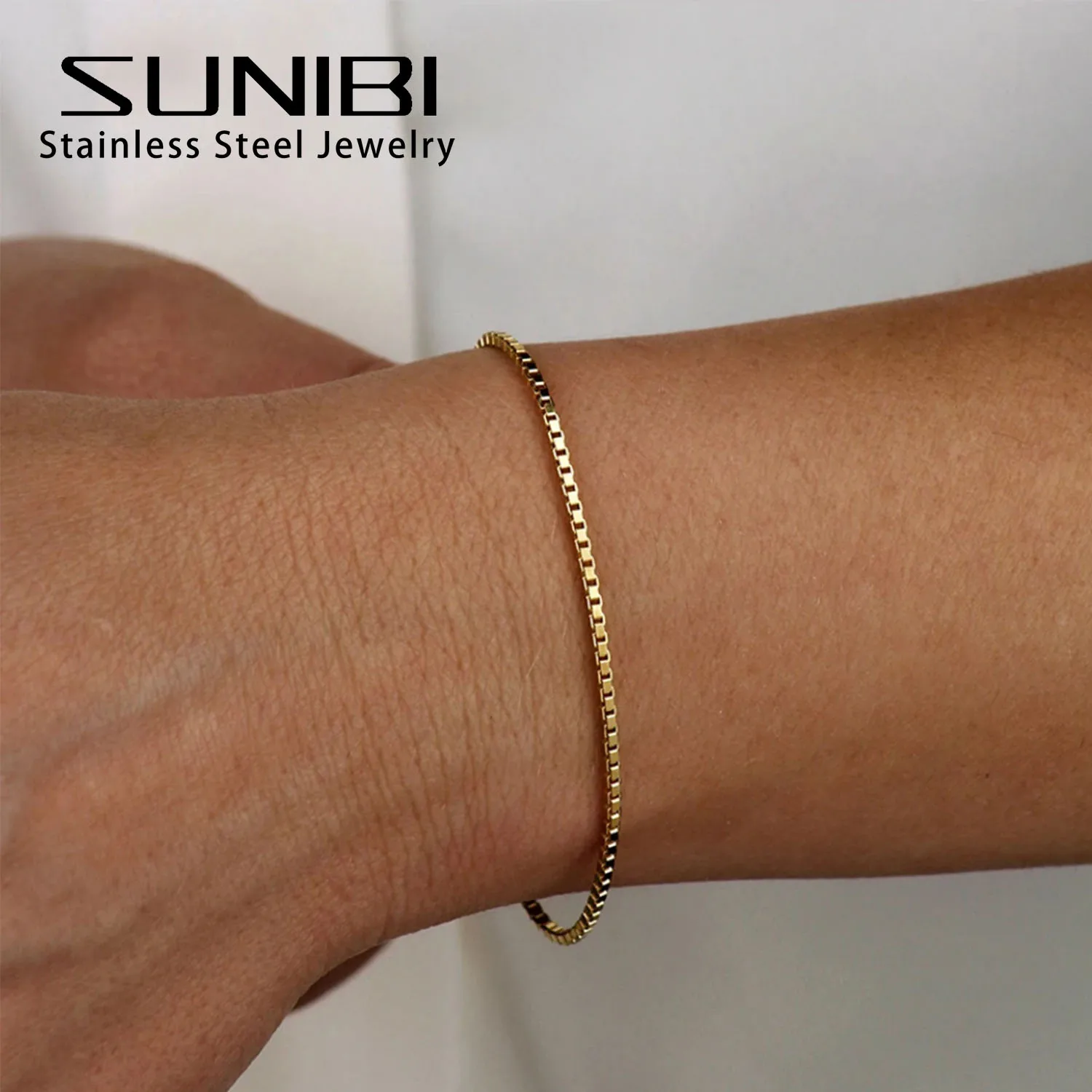 SUNIBI 2MM Einfache Box Kette Armbänder für Frauen Gold Farbe Edelstahl Klassische Armband Minimalismus Geschenke Schmuck Großhandel Image