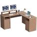 antfurniture Wasagun 60 Inch L-shaped en Desk w/ Usb & Power Outlet: Large Dual-person Desk w/ Drawers & Shelf - Oak Finish. in Brown | Wayfair