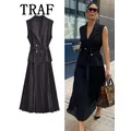 TRAF-Robe Corset Plissée pour Femme Gilet Long Froncé Midi Soirée 2024