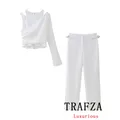 TRAFZA-Ensemble de Pantalon Droit Vintage pour Femme Couleur Unie Chic Blanc Trempé Fermeture