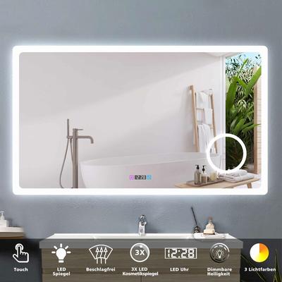 120 x 70 cm LED Spiegel+Beschlagfrei+Uhr+3 Lichtfarben Dimmbar+Kosmetikspiegel+Farbtemperatur und