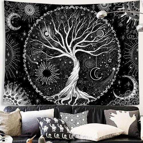 Baum des Lebens Wandteppich Schwarz-Weiß Sonne und Mond Wandteppich Galaxie Weltraum Wandteppich