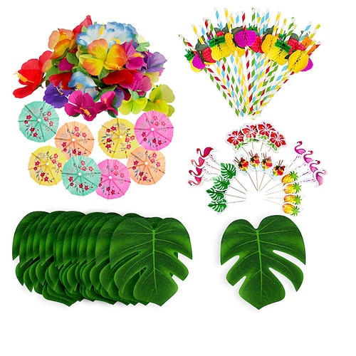 114PCS/184PCS Hawaiian Festival Party Schildkrötenblatt Hibiskusblüten Papierstrohhalm Regenschirm 24 Kuchenstäbchen Kombination Paket Weihnachtsgeschenk Image