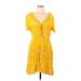 Who What Wear Casual Dress - Mini V-Neck Short sleeves: Yellow Print Dresses - Women's Size Large