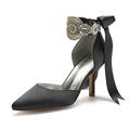 Women's Bridal Shoes Closed Toe 3.1" Stiletto Heel Rhinestone Satin Pumps Ribbon Tie Wedding Dress Shoes,Black,1 UK