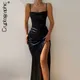 Cryptographic Silky Satin Elegant Slit Maxi Dress for Women Sexy Backless Straps Gown Club Party