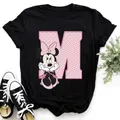 Black T-shirts pink Minnie Mouse Font A B C D E F G Short Sleeve Tshirt Women's Custom Name Letter