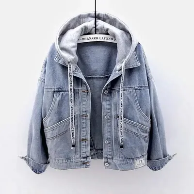 Blue Deconstructable Hooded Turn-down Collar Denim Jacket Women Loose Button Patchwork Outwear Jean