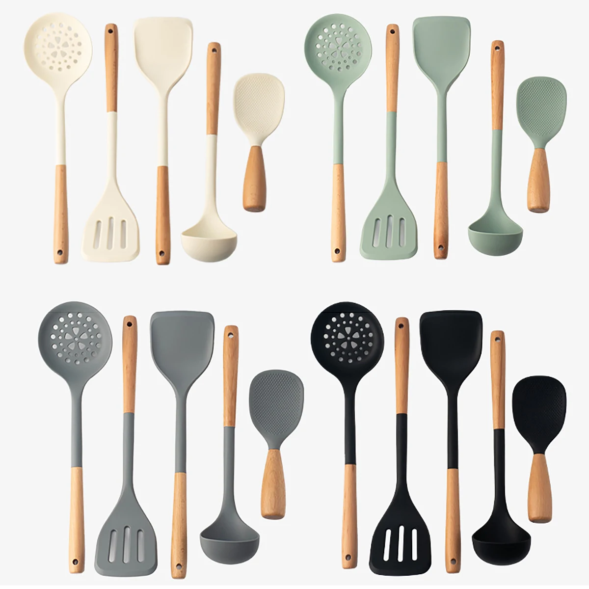 Ensemble d'ustensiles de cuisine en Silicone, manche en bois, spatule antiadhésive, ustensiles de cuisine, pelle frite, cuillère qui fuit, cuillère à riz, outil de cuisine 5 pièces