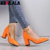 Orange Perle Kristalle Schnalle Kette Pumps Frauen Schuhe 7 cm Chunky High Heel Spitz Patent Leder
