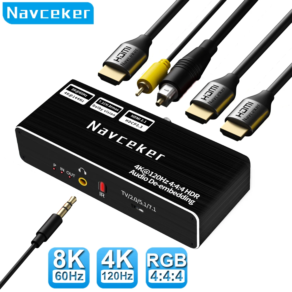 HDMI 2.1 Audio Extractor Konverter 4K 120Hz HDMI 2.1 Audio Konverter 8K HDMI zu HDMI Audio + Video + Digitales Koaxial-Audio + Aux-Audio Image