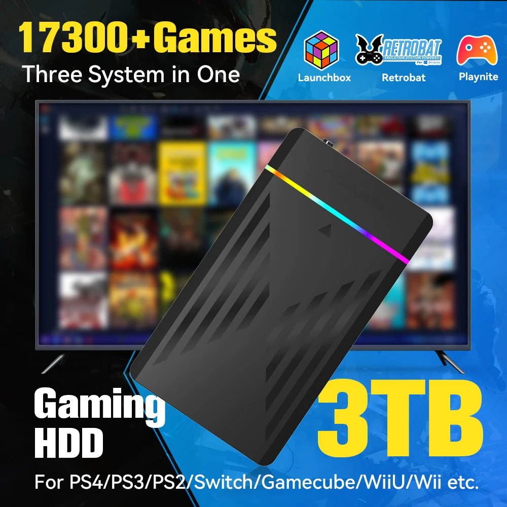 3 TB tragbare Gaming-HDD-LaunchBox/Retrobat/Playnite-Retro-Spielekonsole mit 17300+ AAA/3D/Retro-Spielen für PS4/PS3/PS2/Switch/Wii Image