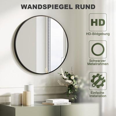 Sonni - Runder Spiegel Wandspiegel hochwertigen Schwarz Aluminiumrahmen Badezimmerspiegel 60x60cm
