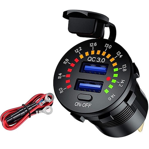 36-W-Dual-USB-QC3.0-Autoladegerät, 12-V-USB-Steckdose, Schnellladesteckdose mit buntem Digitalvoltmeter Ein / Aus Schalter 10a eingebaute Sicherung für Fahrzeuge, Motorräder, Boote, ATV, Busse, Image
