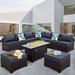 Outdoor Patio Dark Brown Rattan 10 Piece Sectional Furniture Set PE Wicker Conversation Sofa with 45 Gas Fire Pit Table and Non-Slip 5 Thick Grey Cushion