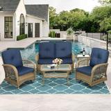 MEETWARM 5 Pieces Outdoor Wicker Patio Conversation Sets with Glider Loveseat 2 Chairs with 2 Glass-Top Coffee Table Wicker Rocking Glider Set Wicker Conversation Set w/Thickened Cushions Navy Blue