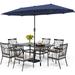 VILLA 5 Piece Outdoor Dining Set with 10ft Umbrella 37 Square Metal Dining Table & 4 Cushioned Metal Chairs & 3-Tier Beige Umbrella for Patio Deck Yard Porch