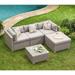 COSIEST 5-Piece Outdoor Furniture All-Weather Mottlewood Brown Wicker Sectional Sofa w Warm Gray Thick Cushions Glass-Top Coffee Table 2 Teal Pattern Pillows for Garden Patio