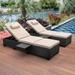Outdoor PE Wicker Chaise Lounge for Outside - 2 Piece Patio Furniture Set Black Rattan Reclining Chair Beach Pool Adjustable Backrest Sunbathing Recliners with Peacock Blue Cushions