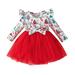 PMUYBHF Girls Christmas Dresses Size 7/8 Green Autumn Christmas Dress Round Neck Flying Sleeve Printed Bow with Red Dress Fashion Dress Baby Girl Dresses 12-18 Months Princess