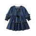 Sunisery Little Girl Blue Ruched Dress Long Sleeve Tie-up A-Line Princess Party Dresses