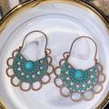 Anthropologie Jewelry | Bronze Hoops Aztec Turquoise Patina Earrings Boho New Rustic Tribal Ornate | Color: Brown/Green | Size: Os