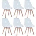 EGOONM A Set of 6 Transparent Dining Chairs Wooden Legs PU Pads Seat for Kitchen Bedroom Living Room