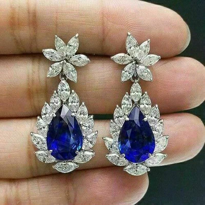Huitan Wunderschöne blaue Birnen-Zirkonia-Tropfenohrringe für Damen, für Hochzeit, Jahrestag, Party, elegante Damen-Ohrringe, Modeschmuck Image