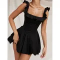 Placage Mingxi-Mini robe plissée à encolure carrée noire pour femmes belle robe trapèze