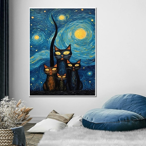 handgemalter Ölgemälde, Leinwand, Wandkunst, Dekoration, abstraktes Messergemälde, Sternenkatze im Van-Gogh-Stil, für Heimdekoration, gerolltes, rahmenloses, ungedehntes Gemälde Image