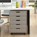 The filing cabinet has five drawers a small rolling filing cabinet a printer rack an office locker and an office pulley movable filing cabinet