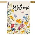 Welcome Floral Garden Flag Spring Summer Florals Leaves Double Sided Large Yard Flag Heavy Duty Seasonal Flowers Butterfly Outdoor Outside Patio Decoration 28x40 Inch