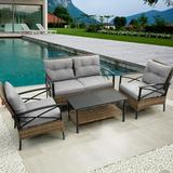 3 Piece Patio Set Rocking Rattan Outdoor Rocking Patio Set Leisure Chair with 2 Rockers and 1 Side Table with 3â€˜â€™ Thick Cushions for Backyard Porch Balcony Poolside Grey