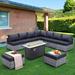 durable 10-Piece Outdoor PE Wicker Sofa All-Weather Sectional Couch Conversation Sets Silver Gray Rattan Set with Washable Navy Blue Cushions