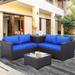 Outdoor PE Wicker Patio Furniture Set 4 Piece Black Rattan Sectional Loveseat Couch Set Conversation Sofa with Storage Box Glass Top Table and Non-Slip Grey Cushion