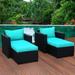 durable Patio Sectional Sofa 4 Pieces Outdoor Wicker Set Armrest Chairs Ottomans with Turquoise Cushions and Covers Black Rattan