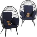 Wicker Egg Chairs Outdoor Set of 2 Oversized Rattan Chairs Indoor with Solid Stand Comfy Patio Basket Chairs with Soft Cushions Modern Lounge Chairs with a Cute Toy for Patio Balcony Navy Blue