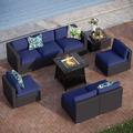 PHI VILLA Patio Furniture Set 9 Pieces Outdoor Sectional Rattan Sofa with Gas Fire Pit Table Wicker Patio Conversation Set with Coffee Table CSA Approved Propane Fire Pit(Furniture Cove