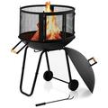 28â€� Portable Fire Pit on Wheels - Mobile Wood Burning Firepit with Log Grate Fire Poker Heavy-Duty Steel Frame 2-Door Gate Outdoor Warmer for Entertaining Camping Black