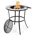 Fire Pit Table Outdoor Fire Pit with Mesh Cover Fire Poker Tile Tabletop Round Wood Burning Fire Table for Outside Patio Backyard Garden Camping 23.5 Inch Small Fire Pit