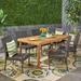 Lisa Outdoor 7 Piece Acacia Wood Dining Set with Stacking Wicker Chairs Sandblast Natural Stained Multi Brown